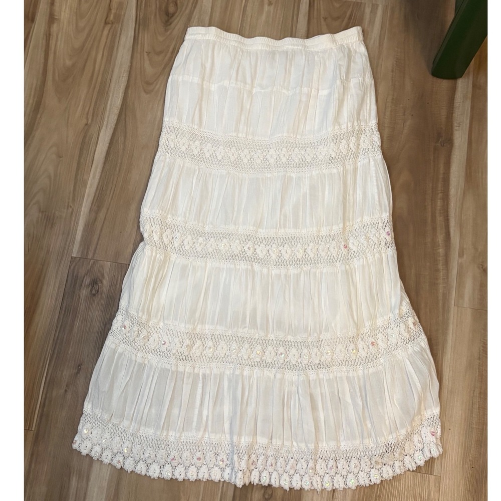 Valerie Stevens White Cotton Lace Sequin Tiered Maxi Skirt Boho Cottagecore M g5